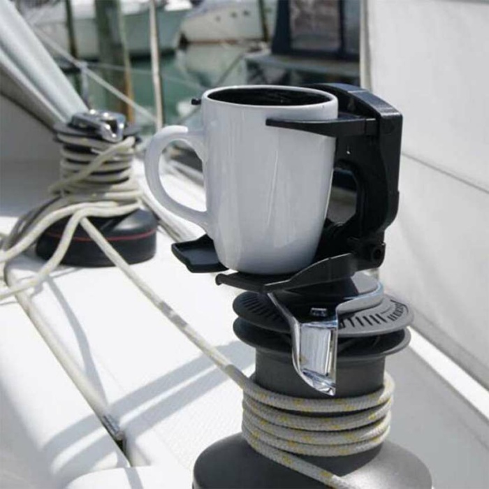 The CupClam drink holder can be mounted in either horizontally or vertically-mounted StarPorts, to hold mugs, stubbies, wine glasses, even wine bottles