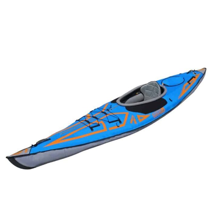 Side angle of the AdvancedFrame Expedition Elite Inflatable Kayak with blue and orange design and high-back seat