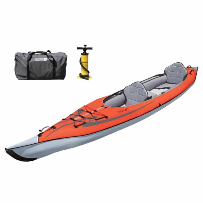 AdvancedFrame Convertible Elite Inflatable Kayak with pump and carry bag included – full package view