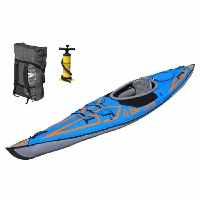 AdvancedFrame Expedition Elite Inflatable Kayak with backpack-style carry bag and double-action pump