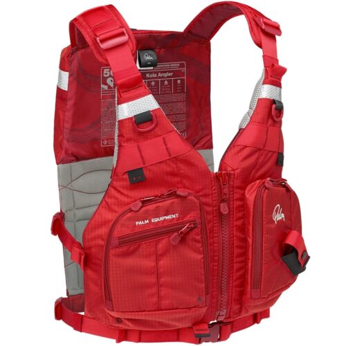 Front view of Palm Kola Angler PFD showing clamshell pockets