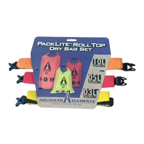 PackLite Roll Top Dry Bag Set retail packaging with 3L, 5L, and 10L dry bags