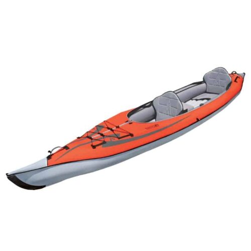 Angled side view of the AdvancedFrame Convertible Elite Inflatable Kayak with two grey high-back seats and vibrant orange hull