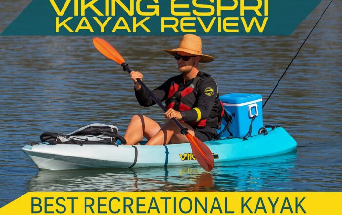 Paddle Guy reviewing the Viking Espri kayak on calm water with text overlay