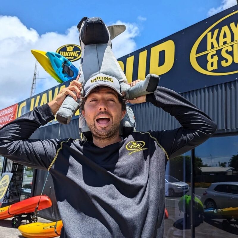 Daniele giannatempo holding a viking kayaks chill pod outside kayak and sup sunshine coast store.