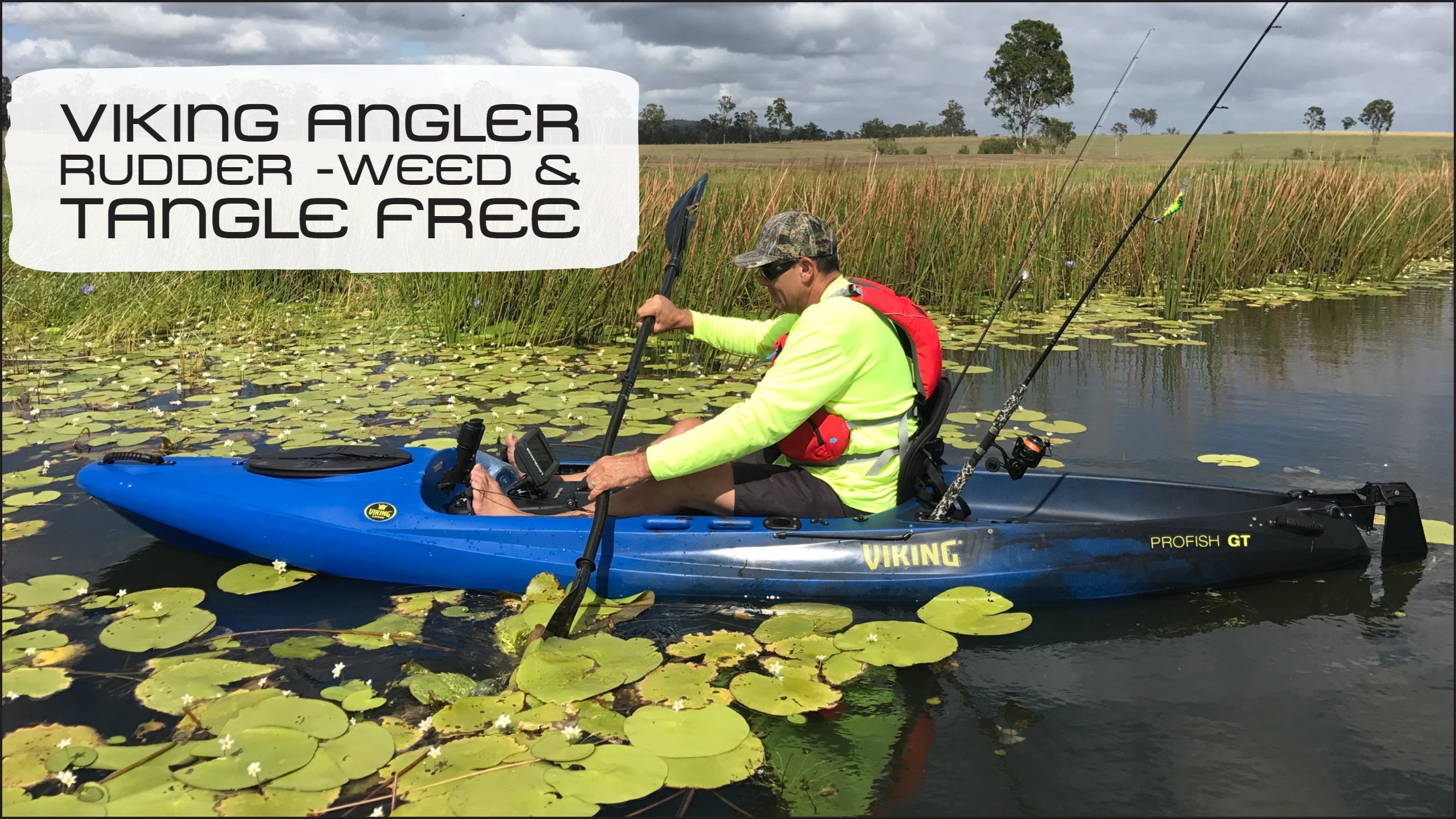 Kayaker paddling through lily pads in Profish GT with weedless rudder