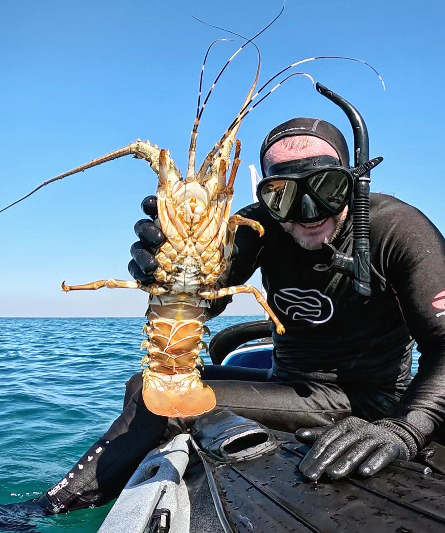 Viking profish gt – ultra stable fishing kayak 7 Spearfisher holding a crayfish on a viking profish gt kayak offshore