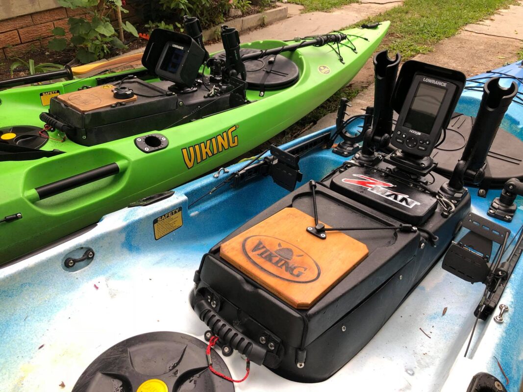 two loaded Viking tackle pods, with fish finder, rod holders and tackle, ready for a fishing session