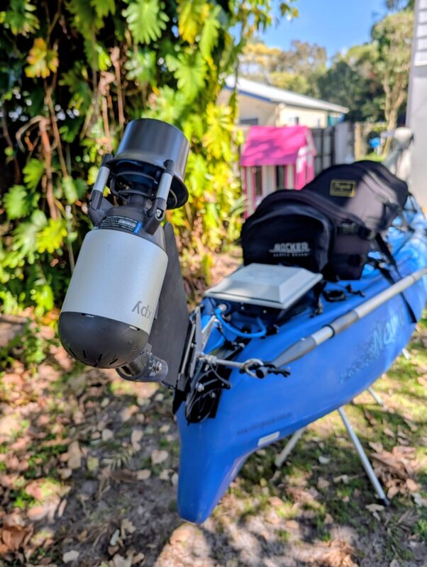 Bixpy K1 motor installed on the Viking 2+1 kayak using the custom rear rudder mount