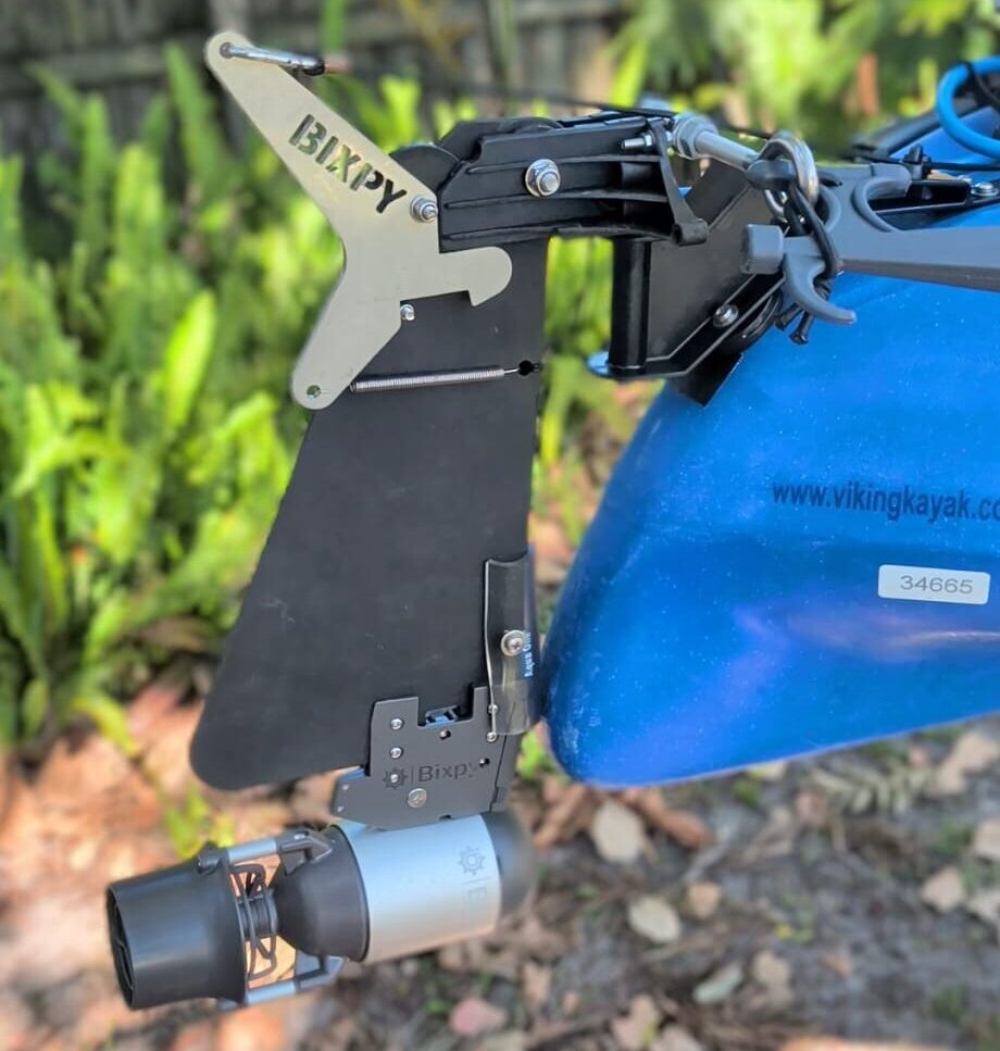 “Bixpy K1 motor installed on Viking 2+1 kayak using 2025 rudder-mounted bracket”