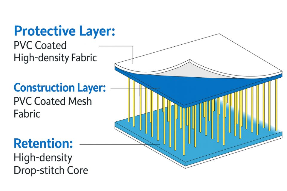 3d cross-section diagram of the drop-stitch floor showing the protective, construction, and retention layers that create a rigid and durable kayak base.