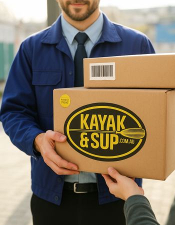 Delivery person handing a Kayak and SUP branded package to a customer outdoors