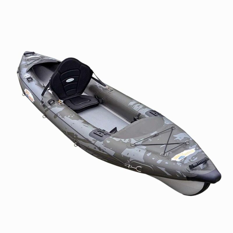 "Jaspara Quest Angler inflatable fishing kayak in camo grey, full top view"