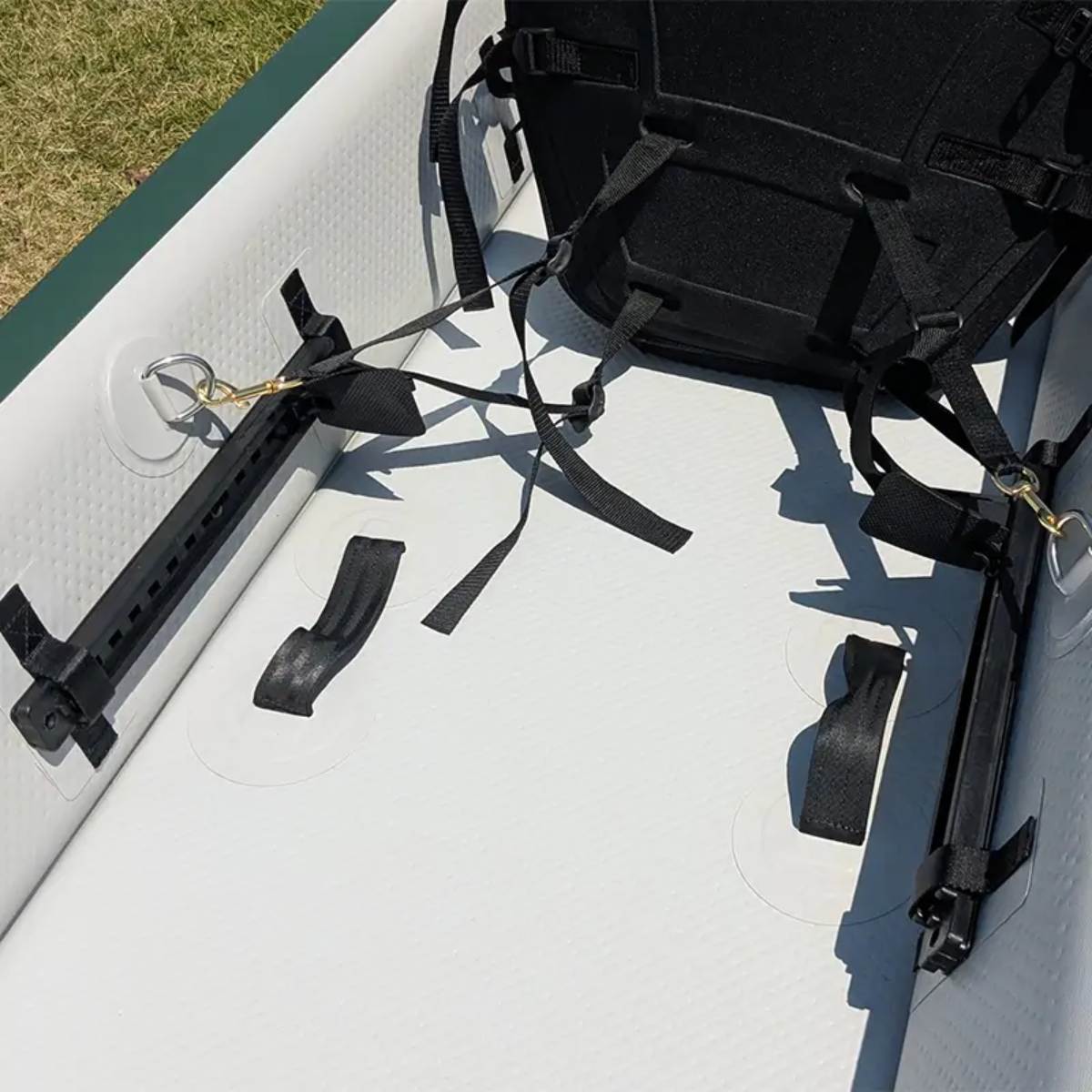Adjustable foot pegs and seat mounts on the Odyssey Tandem inflatable kayak