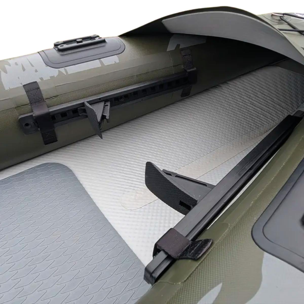 "Side accessory rail and adjustable footrest system on the Jaspara Quest Angler kayak"