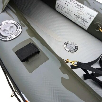 "Inflatable floor, valve, and tie-down D-ring on the Jaspara Quest Angler kayak"