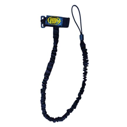 Full-length view of the K&S Superior Paddle Leash showing coiled braided elastic cord.