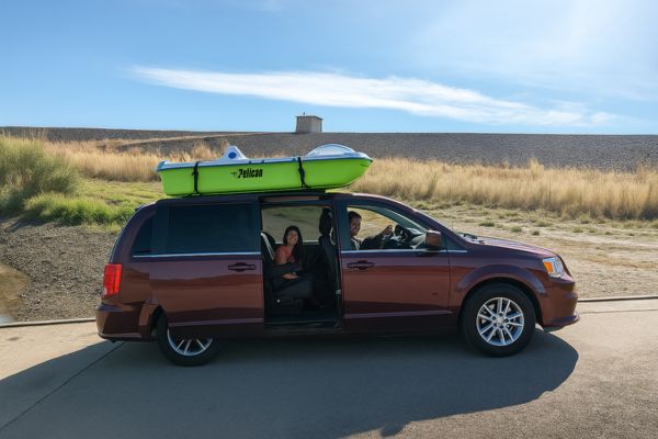 Pelican Rainbow DLX Pedal Boat secured on a car roof rack, showing how two people can transport the 5-seat pedal boat easily.