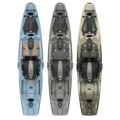 Bonafide PWR 129 kayak colour lineup showing Blue, Grey Camo and Sand variants