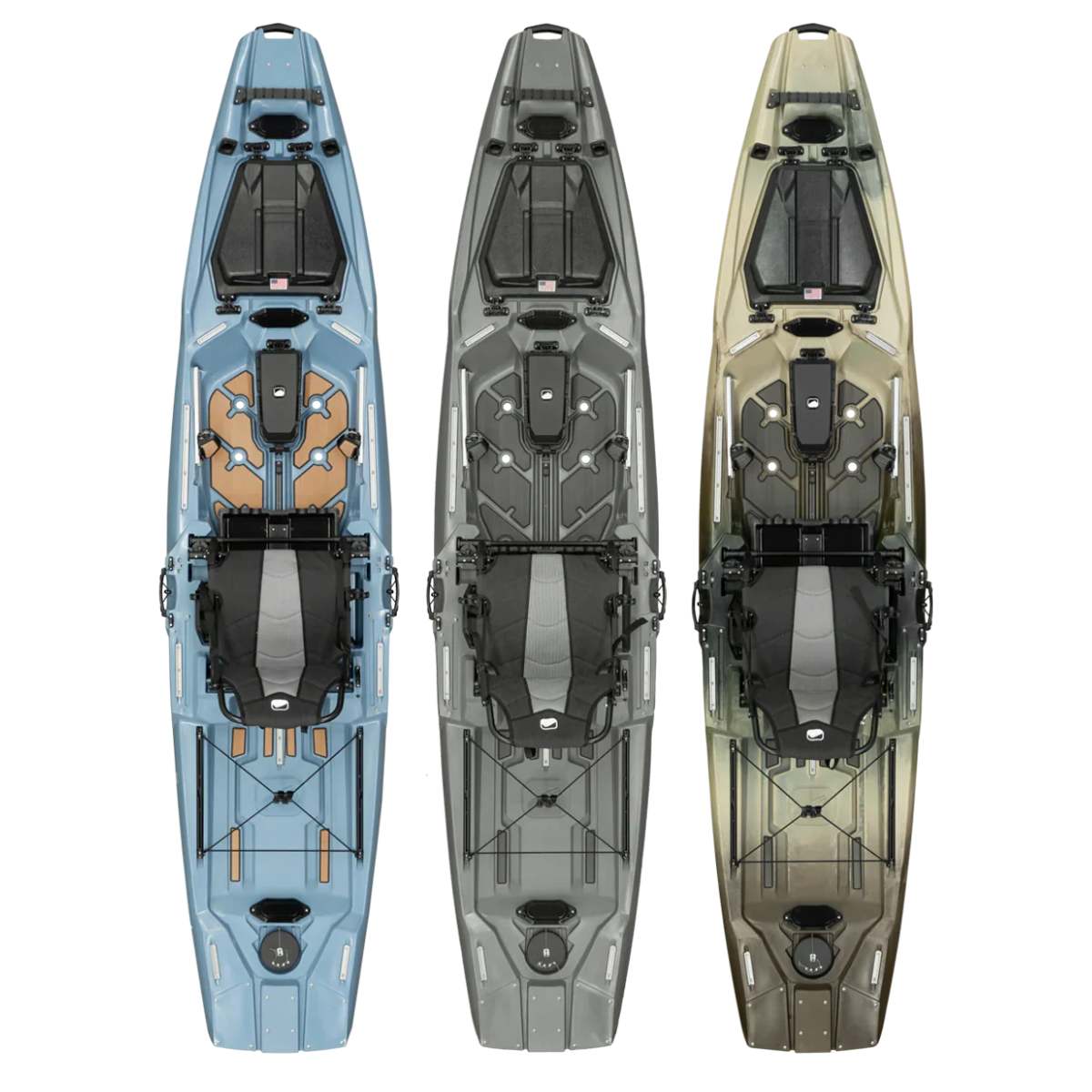 Bonafide PWR 129 kayak colour lineup showing Blue, Grey Camo and Sand variants
