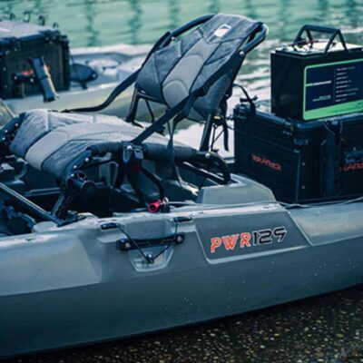 Close-up of Bonafide PWR129 seat, battery box, and side electronics rigging.