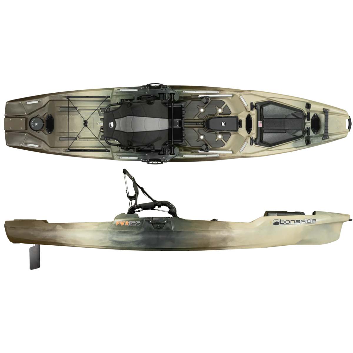 Bonafide PWR 129 kayak in sand beige top and side view