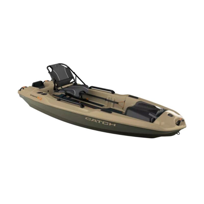 Pelican Catch PWR 100 kayak angled view with seat and storage areas visible