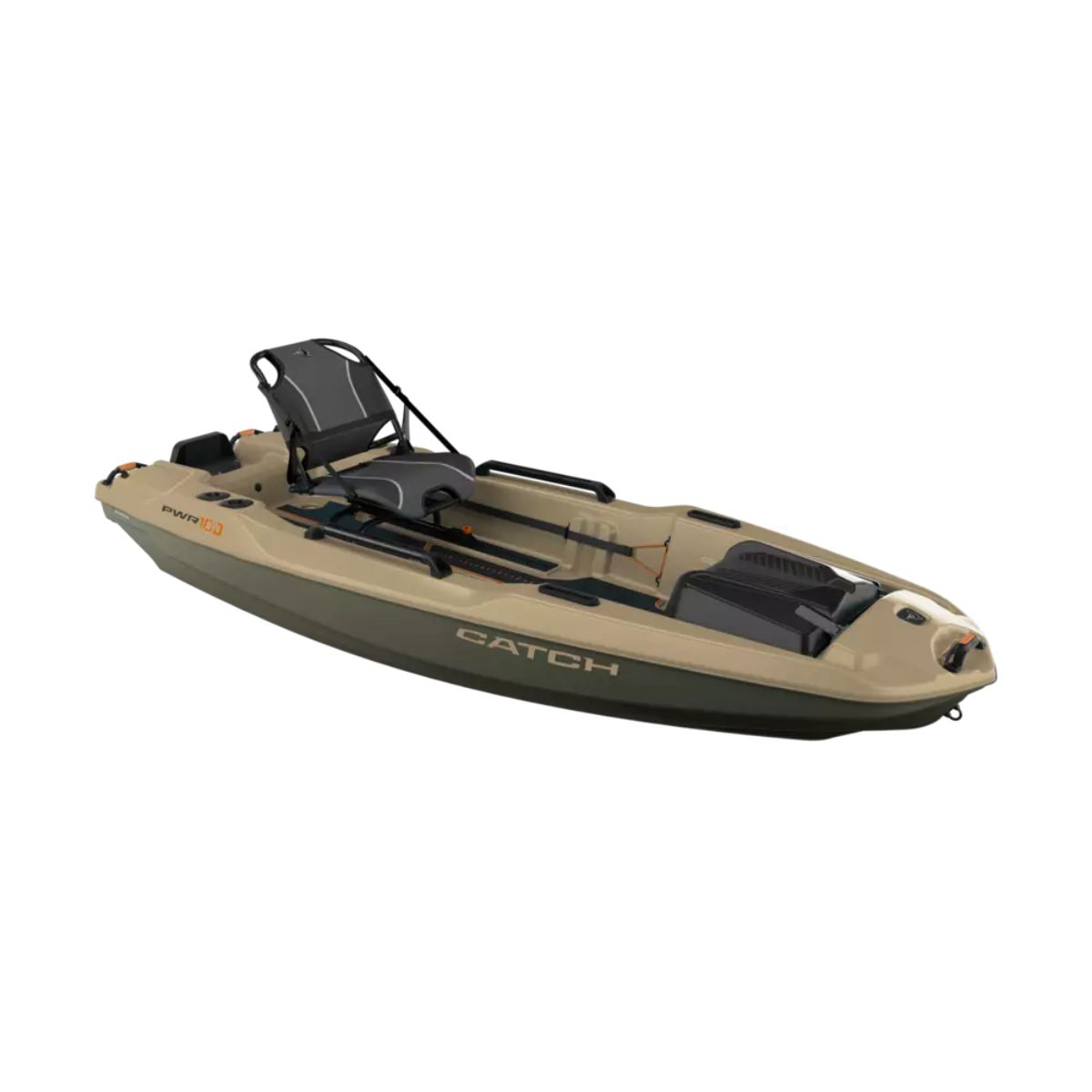Pelican Catch PWR 100 kayak angled view with seat and storage areas visible