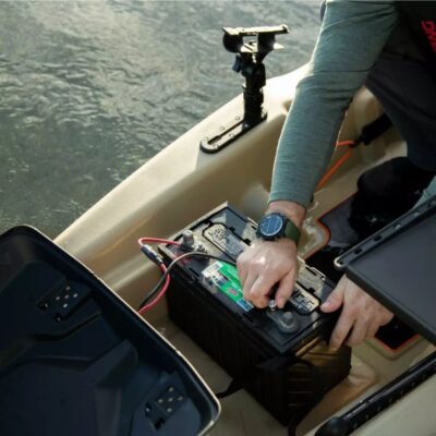 Pelican Catch PWR 100 open battery compartment showing pre-wired connections for motor setup