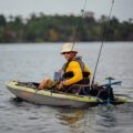 Bixpy K1 installed on a transom mount on Pelican Catch 110 TR fishing kayak