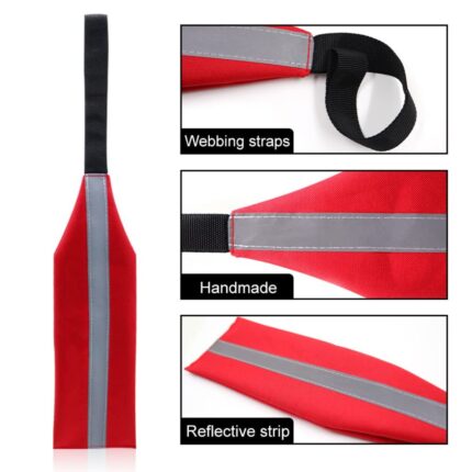Kayak warning flag details showing webbing strap, reflective strip and durable fabric