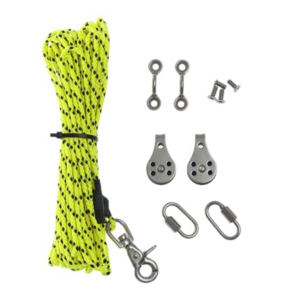 “Viking Anchor Running Rig components including rope, pulleys, clips and mounting hardware for kayak anchor trolley”