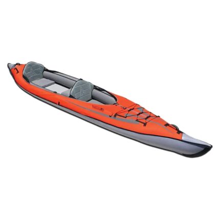 Angled view of the AdvancedFrame Convertible Elite inflatable kayak highlighting its touring hull and open cockpit design