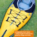 Yellow inflatable kayak with unzippable front deck for easy access, ideal for kids and dogs