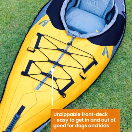 Yellow inflatable kayak with unzippable front deck for easy access, ideal for kids and dogs