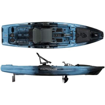 Wavestrike (blue camo) Native TitanX Propel 12.5 Native TitanX 12.5 fishing kayak top and side view showing deck layout, pedal drive and motor-ready stern