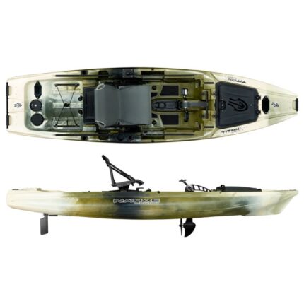 Hidden Oak (olive camo) Native TitanX Propel 12.5 Native TitanX 12.5 fishing kayak top and side view showing deck layout, pedal drive and motor-ready stern