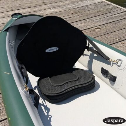 Odyssey Solo inflatable kayak seat with removable cushion and backrest showing ergonomic paddling support system